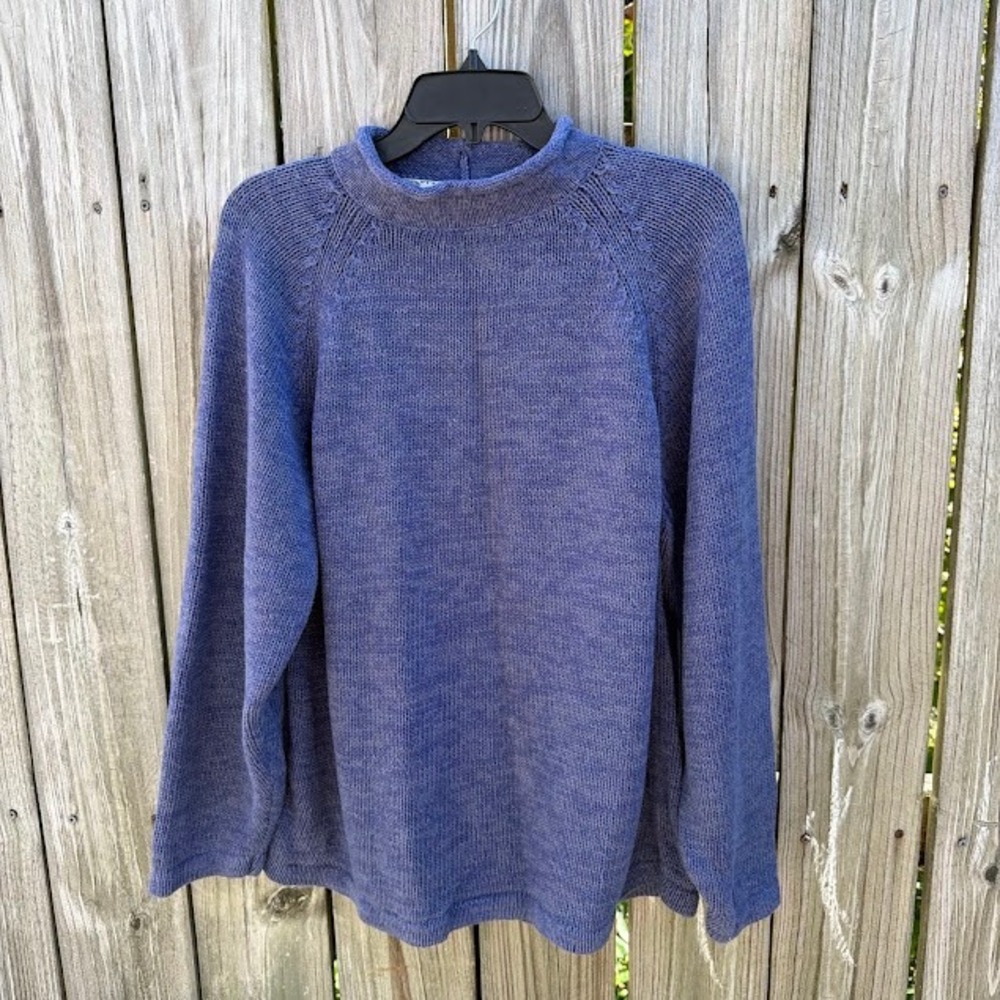 Cottagecore Coastal Marley Knit Sweater Large Blue Mock Neck Ramie Cotton Blend